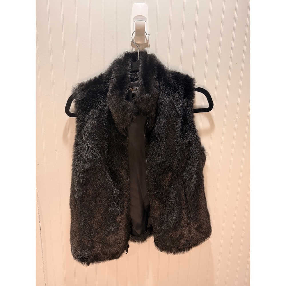 Karen Kane Instyle Black Faux Fur Vest Zip Front Stand Collar Womens Small